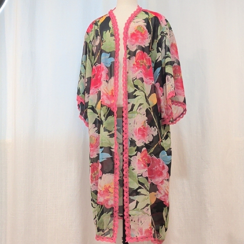 NWOT Sheer Floral Kimono -Pink Lace Trim- Swim Coverup XL - Picture 3 of 7